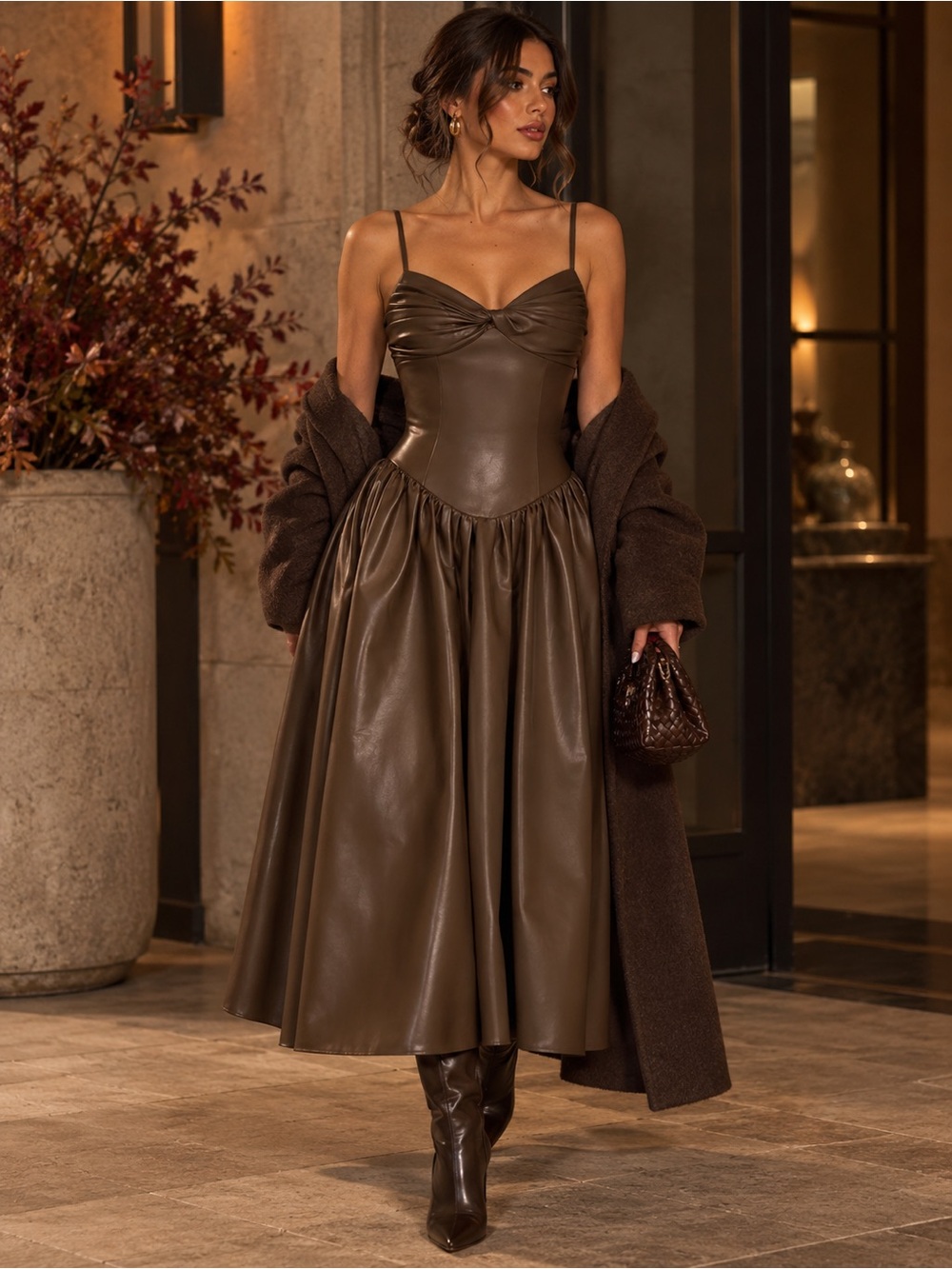 Faux-Leather Midi Dress with Sweetheart Bodice in Dark Brown